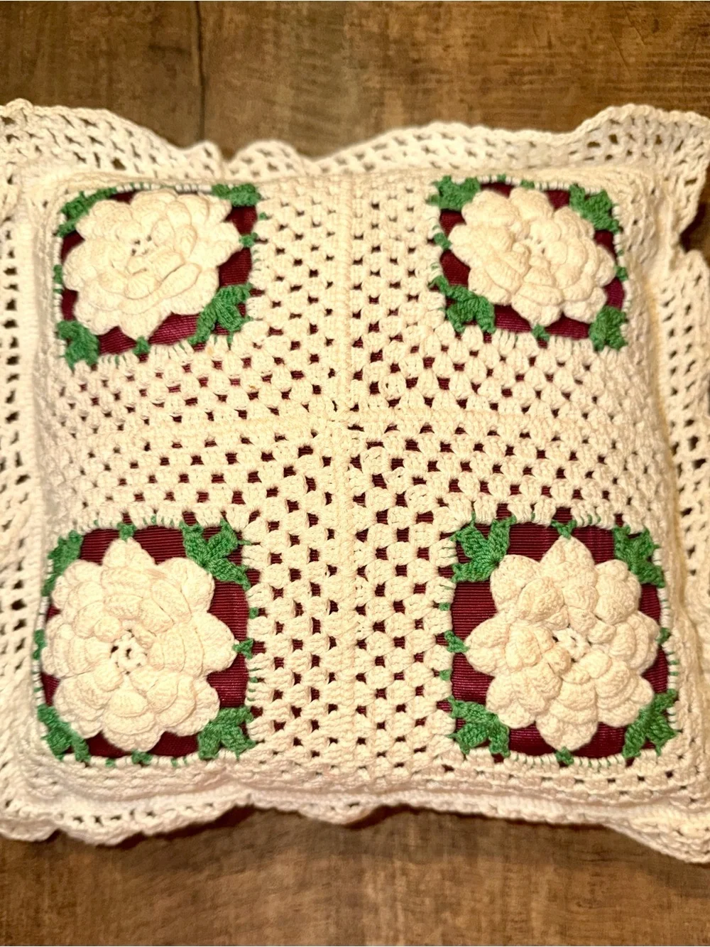 Handmade Crochet Cream Floral Pillow with Burgundy Accents